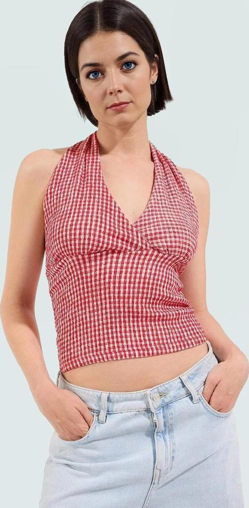 Fitted Örme Bluz Boyundan Bağlamalı Kareli Yazlık Rahat Trend Tasarım Mükemmel Uyum