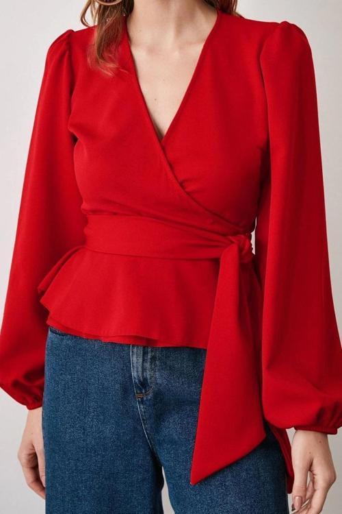 Moda Kruvaze Dokuma Regular Düz Desen Resmi Regular Uzun Kol Bluz
