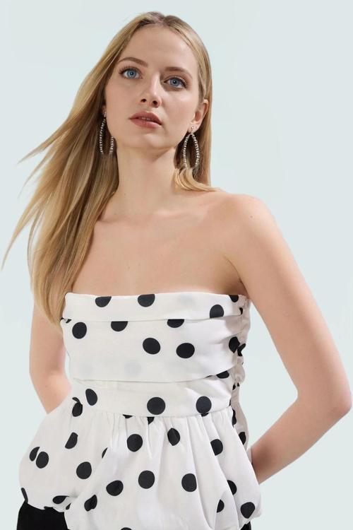 Kolsuz Terrycotton Bluz Puantiyeli Desen Fitted Kalıp Yazlık Konforlu Kesim
