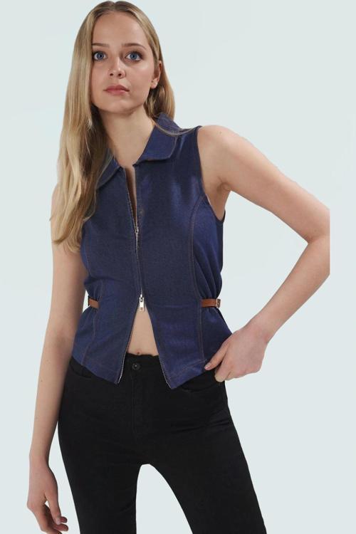 Denim Bluz 2 İplik Penye Örme Full Fermuar Aksesuar Detaylı Rahat Kalıp Yüksek Kalite