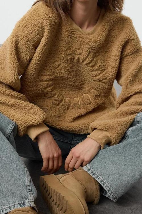 Tarz Bol Bisiklet Yaka Düşük Kol Uzun Peluş Nakışlı Overize Geniş Kalıp Kalın Örme Sweatshirt