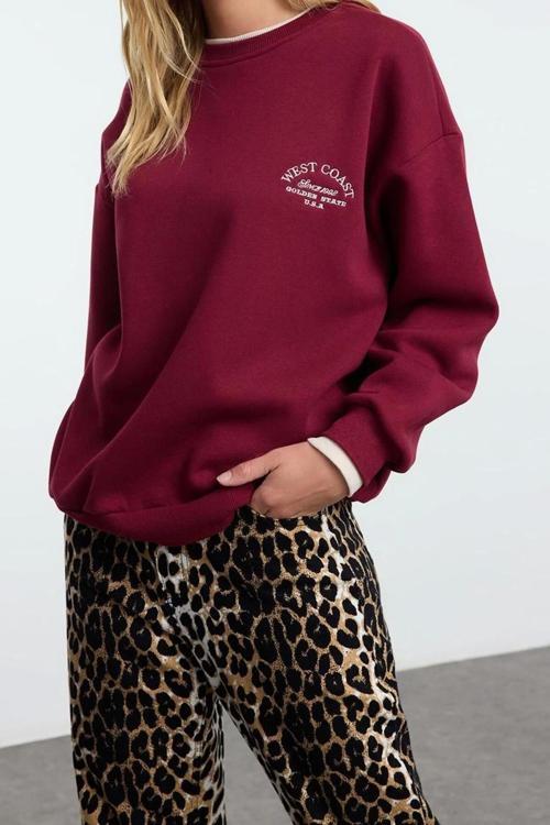 Tarz Bol Bisiklet Yaka Düşük Kol Uzun Slogan Nakışlı Kalıp Kalın İçi Polarlı Örme Sweatshirt