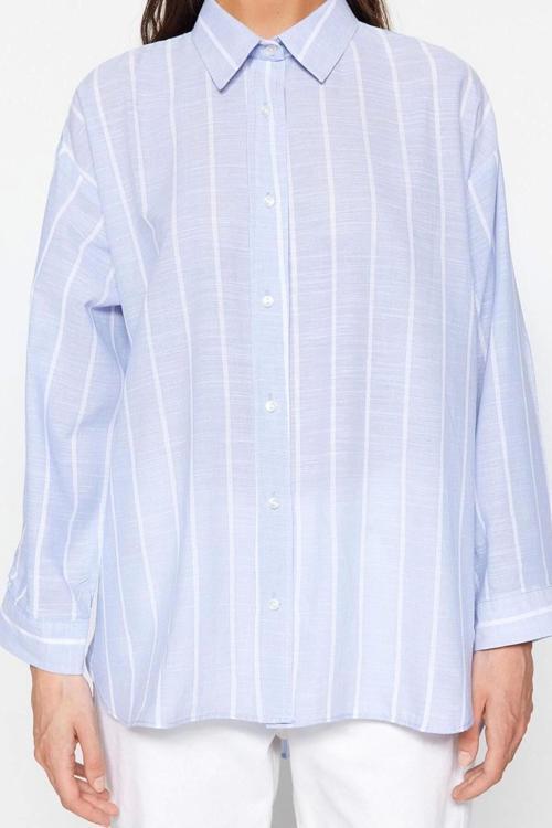 Moda Kadın Gömlek Yaka Çizgili Desen Günlük Çizgili Oversize Geniş Kalıp Dokuma Gömlek