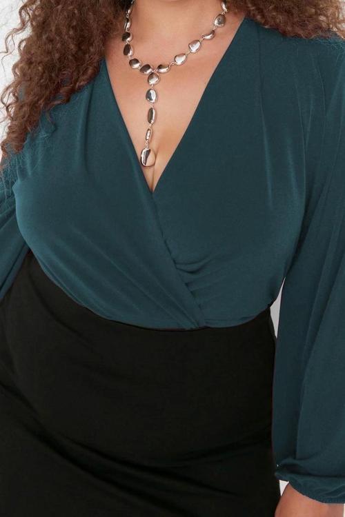 Moda Büyük Beden Kruvaze Örme Regular Düz Desen Casual Günlük Regular Uzun Kol Bluz