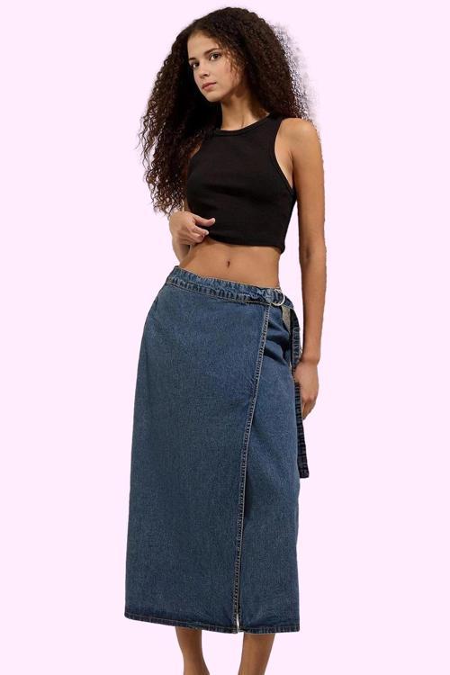 Kadın Denim Midi Etek Pamuk Kemer Detaylı Günlük Ve Şık Kombinler Yaz Aylarının Vazgeçilmezi