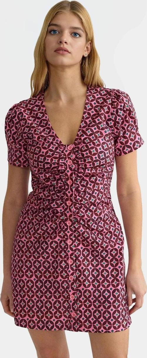 Kısa Kollu Retro Desenli Gömlek Elbise Polyester Dokuma Kumaş Rahat Ve Şık Mükemmel Uyum