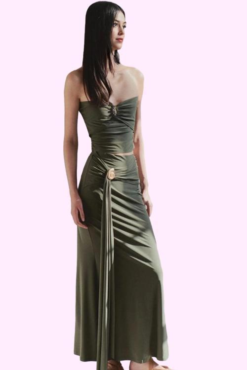 Kadın Örme Maxi Etek Renk Sandy Dokuma Aksesuar Detaylı Bodycone Yaz Aylarının Vazgeçilmezi