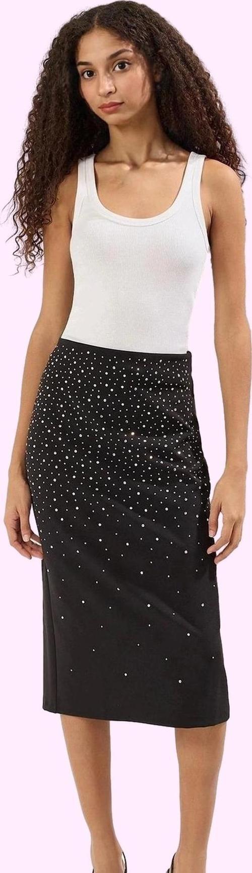 Kadın Taş Baskılı Midi Etek; Yüksek Bel Dokuma Kumaş Günlük ve Şık Kombinler Modern Tasarım