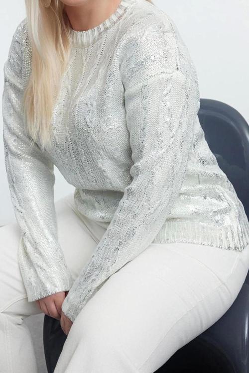 Büyük Beden Kadın Modern Tarz Rahat Uzun Bisiklet Yaka Saç Örgü Kol Crop Triko Kazak