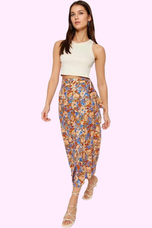 Kadın Çiçek Desenli Dokuma Midi Etek Sarong Stil Viskoz Nefes Alan Yazlık Günlük Kombinler