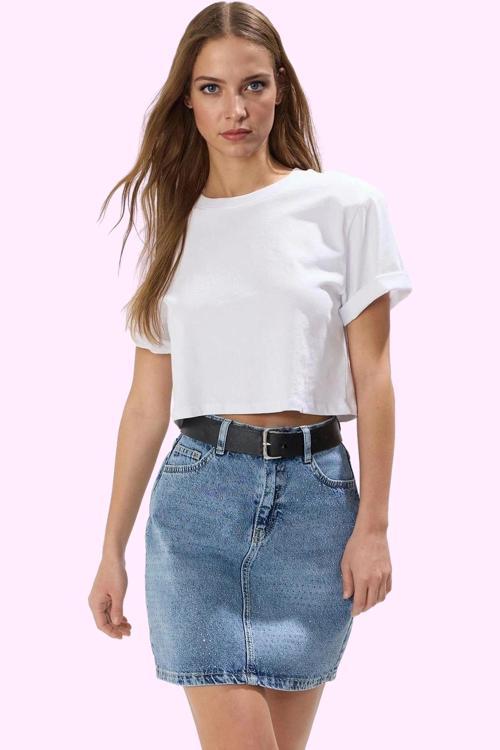 Kadın A line Taş Detaylı Denim Mini Etek Pamuk Yazlık Günlük Kullanım Yaz Aylarının Vazgeçilmezi