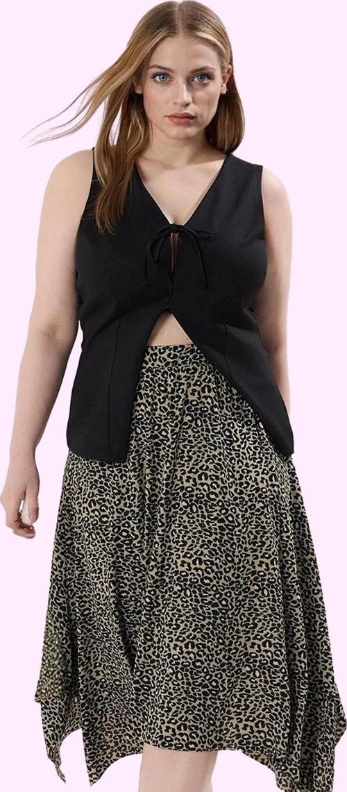 Kadın Leopar Desenli Örme Midi Etek Asimetrik Kesim Günlük Kombinler İçin Kaliteli Malzeme