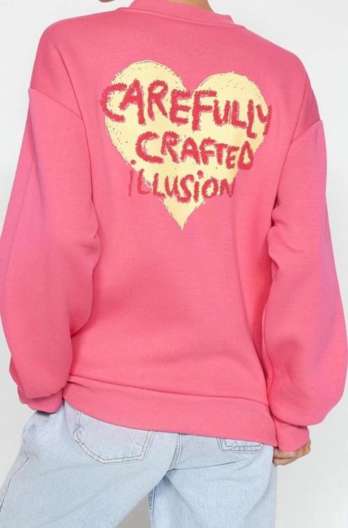 Oversize Bisiklet Yaka Düşük Kol Uzun Kalın Polarlı  Sırt Kabartma Baskılı Örme Sweatshirt