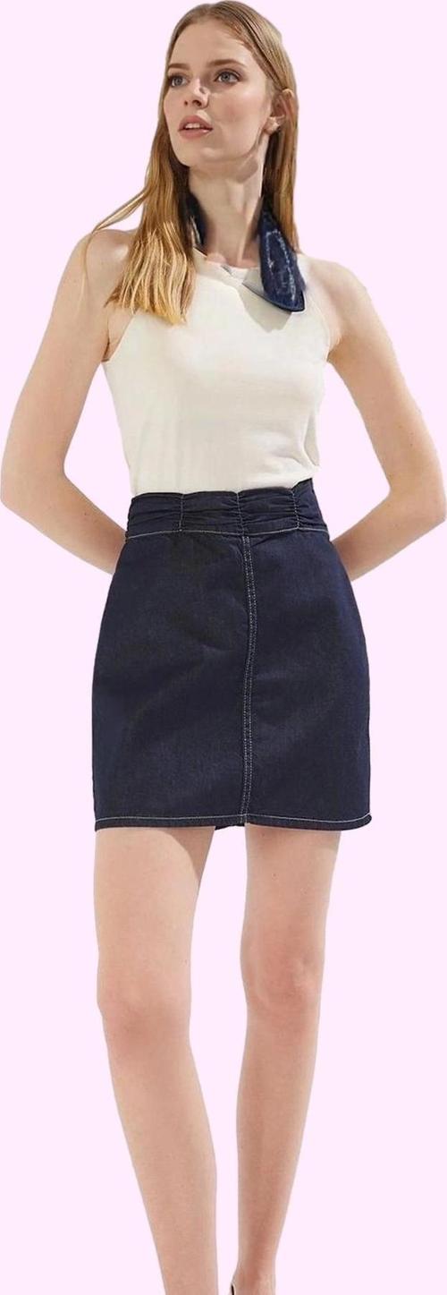 Kadın Denim Mini Etek Pamuk A line Yüksek Bel Büzgülü Rahat Günlük Yaz Aylarının Vazgeçilmezi