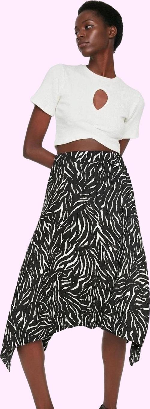 Kadın Yüksek Bel Midi Etek Zebra Desenli Asimetrik Kesim Örme Kumaş Günlük Kombin Hafta Sonu