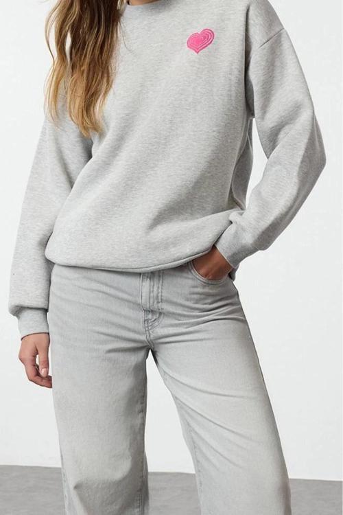Oversize Bisiklet Yaka Düşük Kol Uzun Kalın Polarlı  Sırt Kabartma Baskılı Örme Sweatshirt