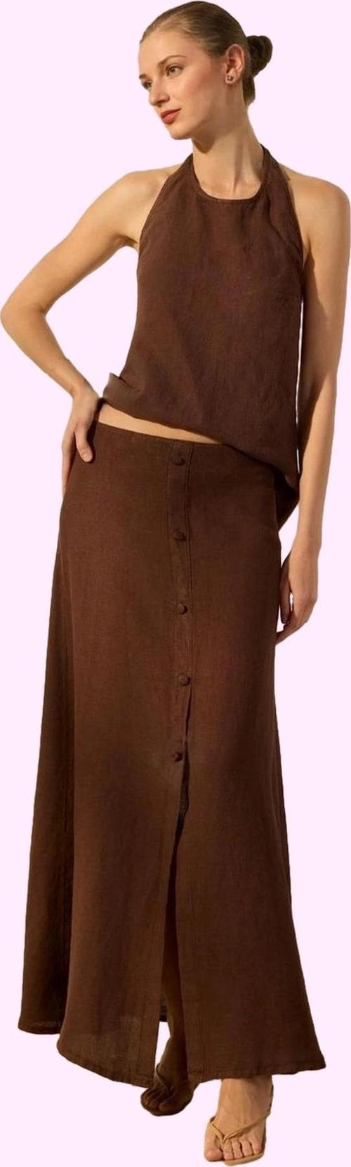 Kadın Keten Basic Siluet Maxi Etek Dokuma Kumaş Rahat Günlük Hafta Sonu Yaz Aylarının Vazgeçilmezi