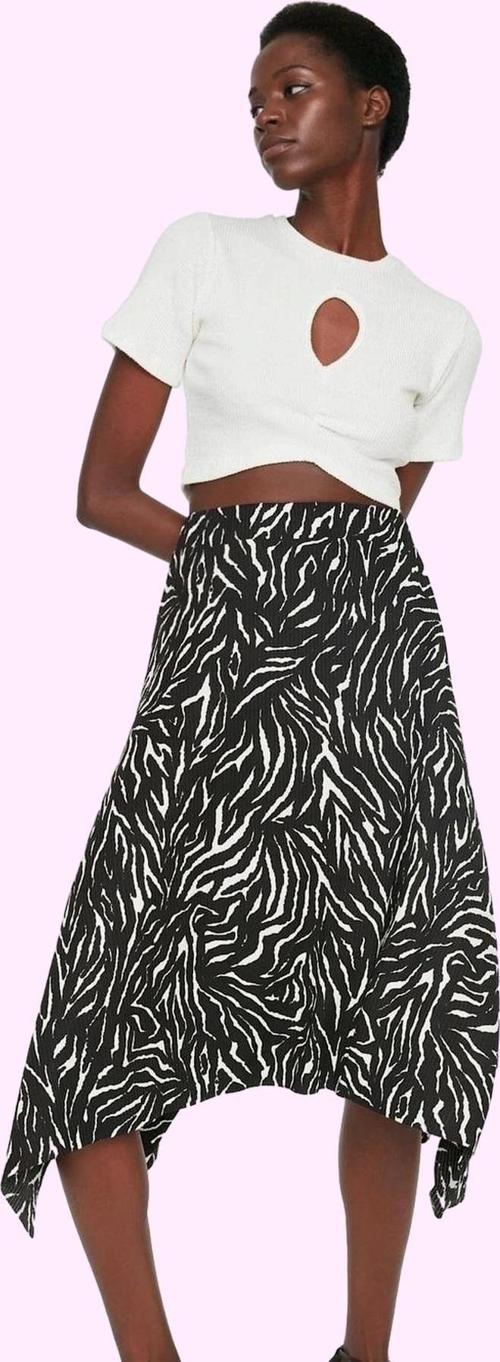Kadın Yüksek Bel Midi Etek Zebra Desenli Asimetrik Kesim Örme Kumaş Günlük Kombin Hafta Sonu