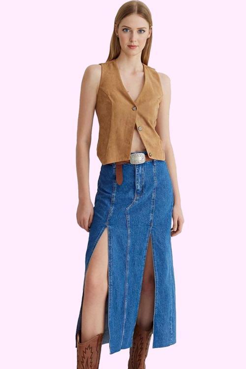 Kadın Denim Etek Midi Boy Pamuk Günlük ve Şık Kombinler İçin Hafta Sonu Yaz Aylarının Vazgeçilmezi
