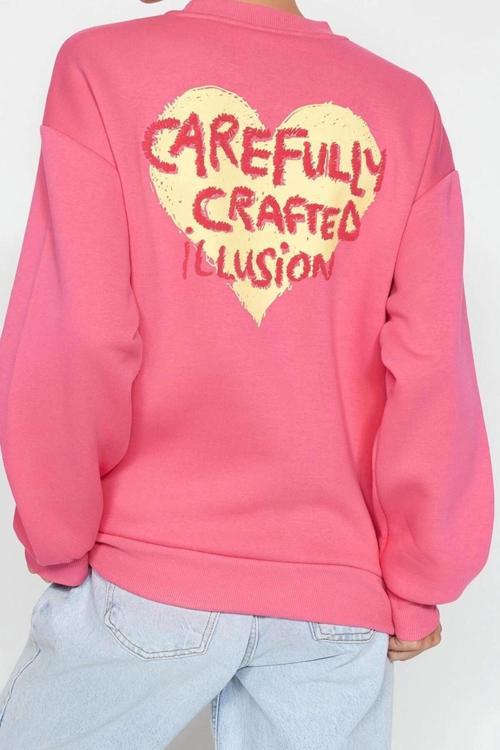 Oversize Bisiklet Yaka Düşük Kol Uzun Kalın Polarlı  Sırt Kabartma Baskılı Örme Sweatshirt