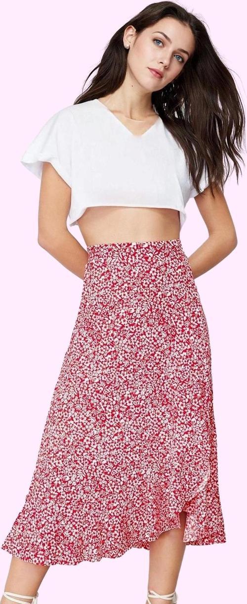 Kadın Yüksek Bel A line Midi Etek Çiçekli Desenli Örme Kumaş Rahat Yaz Aylarının Vazgeçilmezi