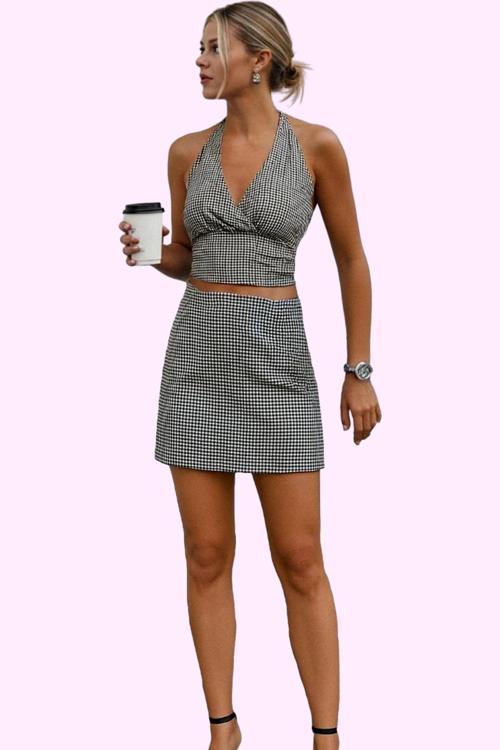 Kadın Slim Fit Kareli Mini Örme Etek Şort Detaylı Rahat Yazlık Günlük Kullanım Özel Günler