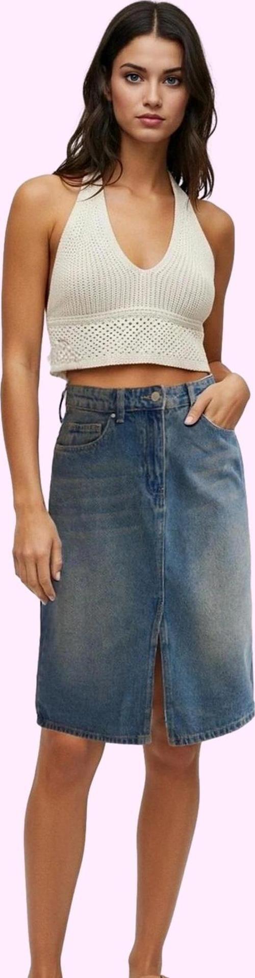 Kadın Pamuklu Denim Midi Etek; Günlük Şıklık İçin Rahat Kalıp Hafta Sonu Dayanıklı Malzeme