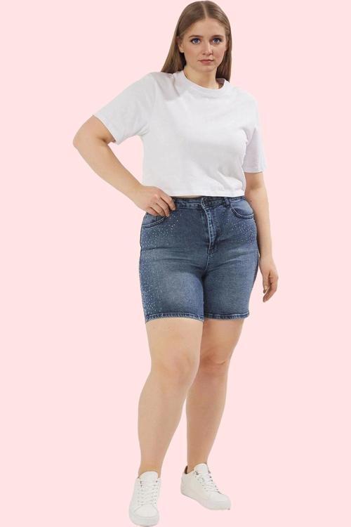 Kadın Büyük Beden Denim Şort Taş Detaylı Yüksek Bel Rahat Günlük Yaz Aylarının Vazgeçilmezi