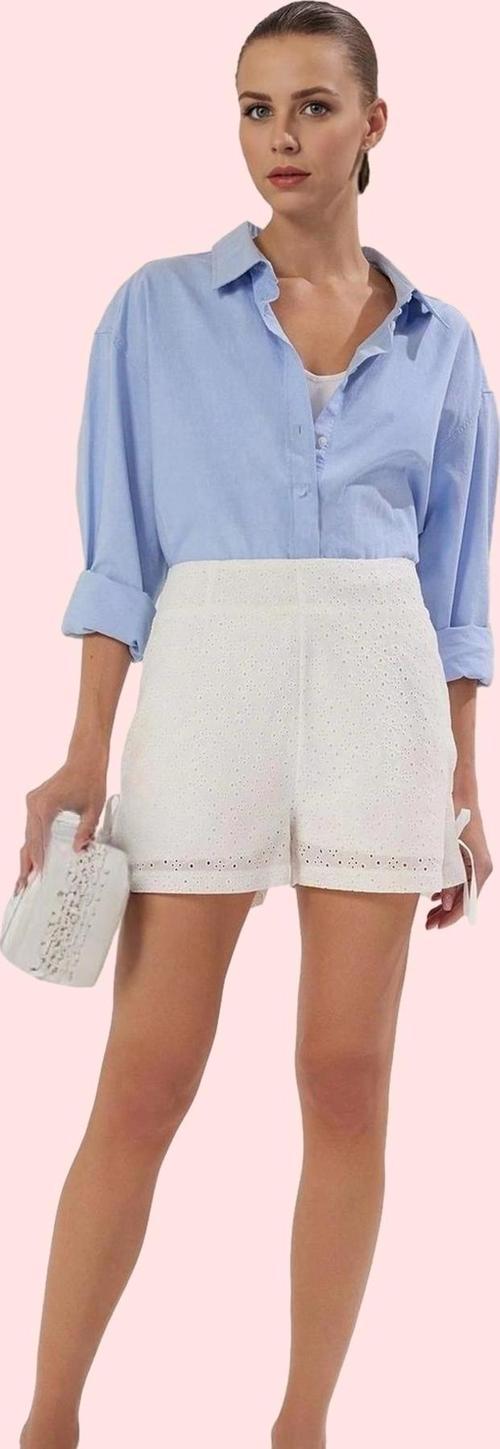 Kadın Yazlık Şort Geniş Paça Brode Detay Yüksek Bel Kısa Boy Günlük Kullanım Modern Tasarım