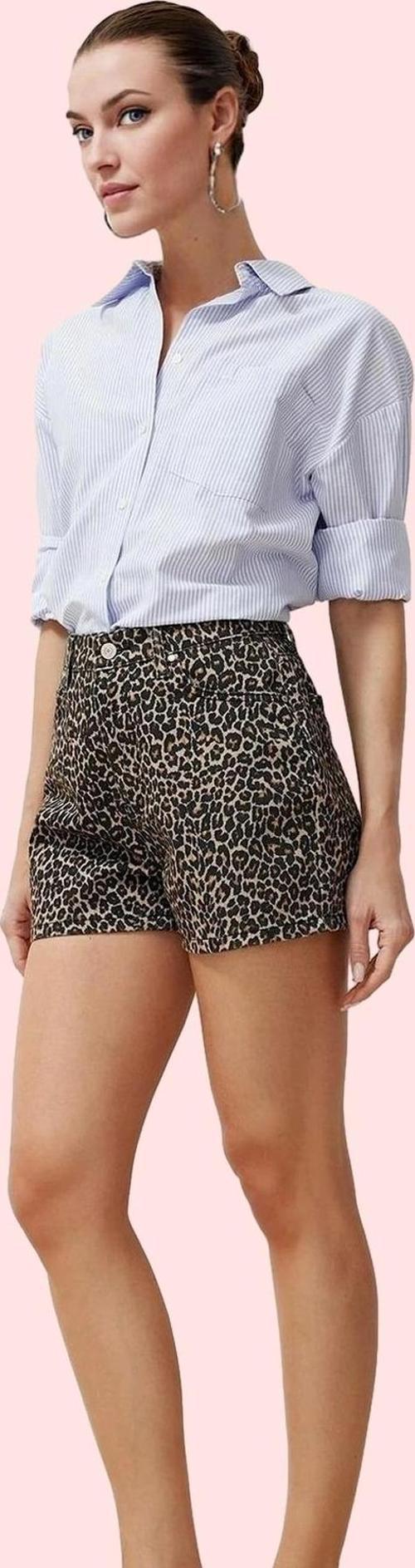 Kadın Çok Leopar Desenli Denim Şort Yüksek Bel Geniş Paça City Short Günlük Kullanım Hafta Sonu