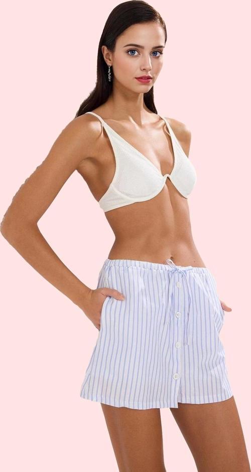 Kadın Geniş Paça Kısa Şort Etek Çok Çizgili Dokuma Terrycotton Yazlık Plaj Günlük Kullanım