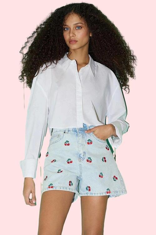 Kadın Pamuklu Baskılı Kiraz Desenli Denim City Short Şort Rahat Günlük Kullanım Hafta Sonu