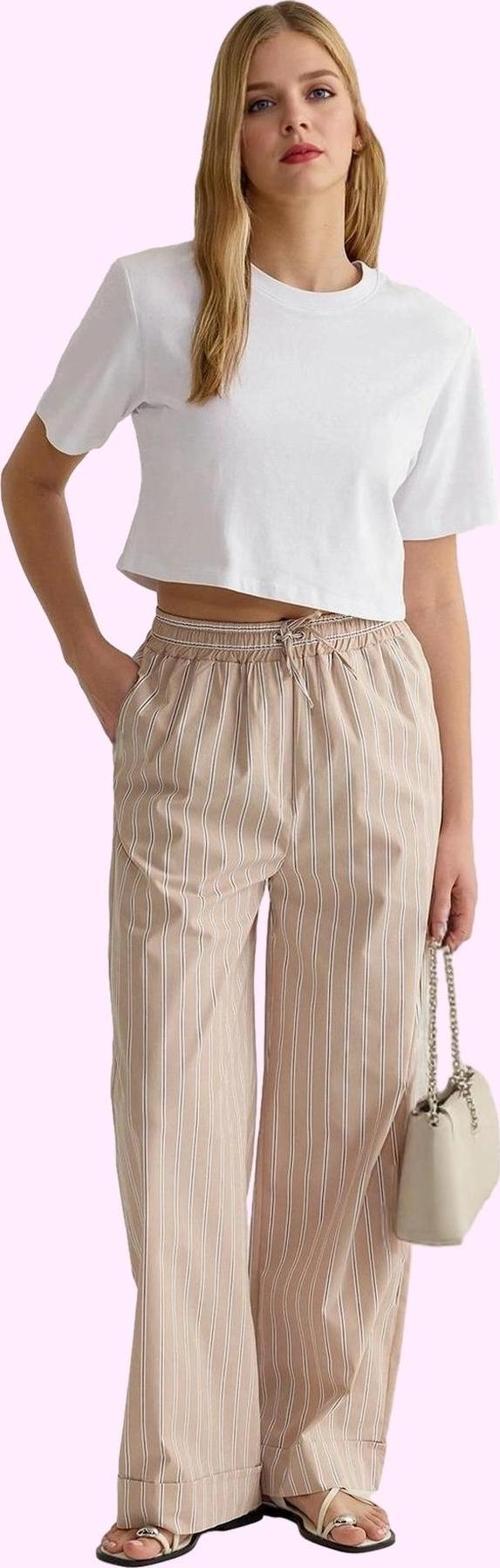 Kadın Çizgili Geniş Paça Pantolon Yüksek Bel Straight Kalıp Yazlık Yaz Aylarının Vazgeçilmezi