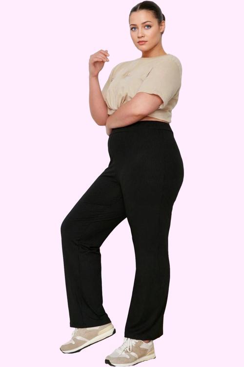 Kadın Düz Desen Regular Örme Pantolon Yüksek Bel Kaşkorse Dokuma Günlük Yaz Aylarının Vazgeçilmezi