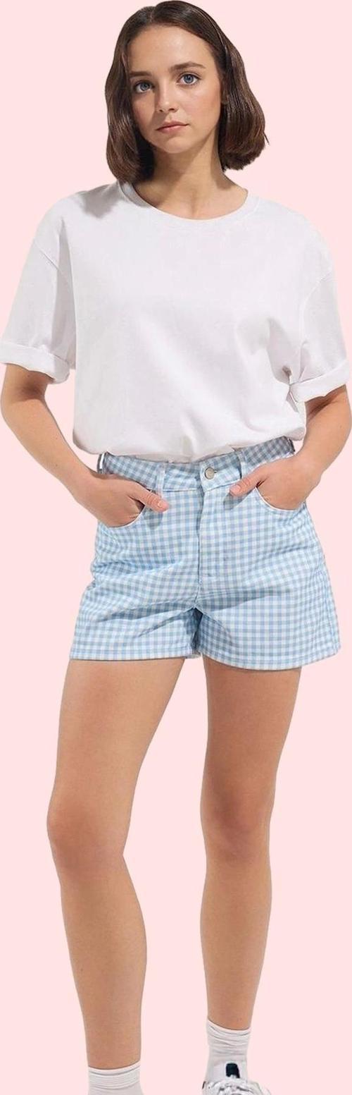 Kadın Pamuk Denim Şort Ekose Yüksek Bel Boru Paça Kısa Boy Günlük Stil Yaz Aylarının Vazgeçilmezi