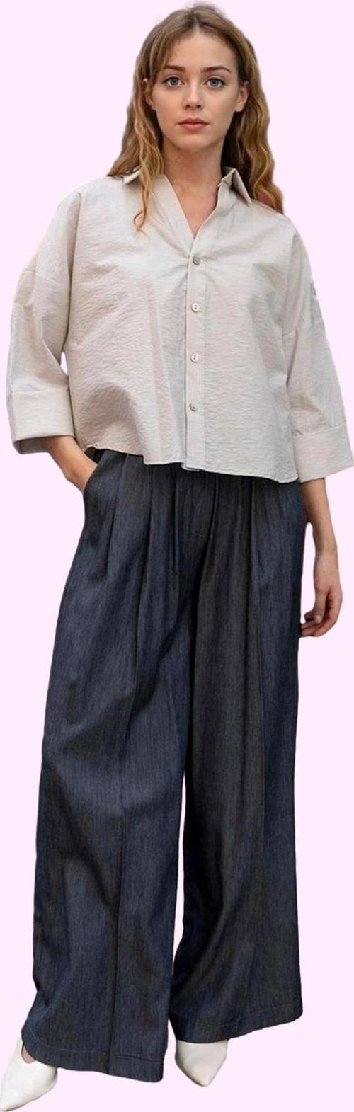 Kadın Chambre Dokuma Geniş Paça Pantolon Yüksek Bel Yaz Günlük Hafta Sonu Kaliteli Malzeme