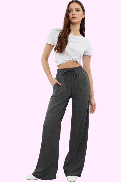 Kadın Geniş Paça Lastikli Bel Örme Pantolon Günlük Casual Hafta Sonu Yaz Aylarının Vazgeçilmezi