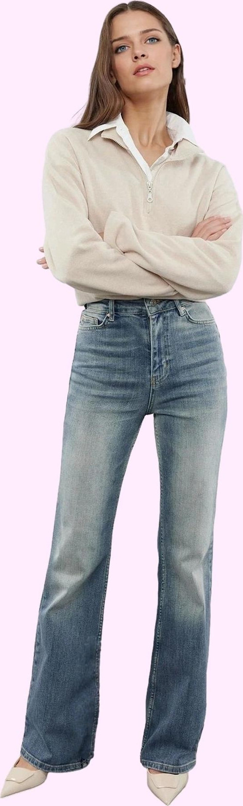 Kadın Normal Bel Düz Desen Comfort Dokuma İspanyol Paça Jean Günlük Kombinler Modern Tasarım