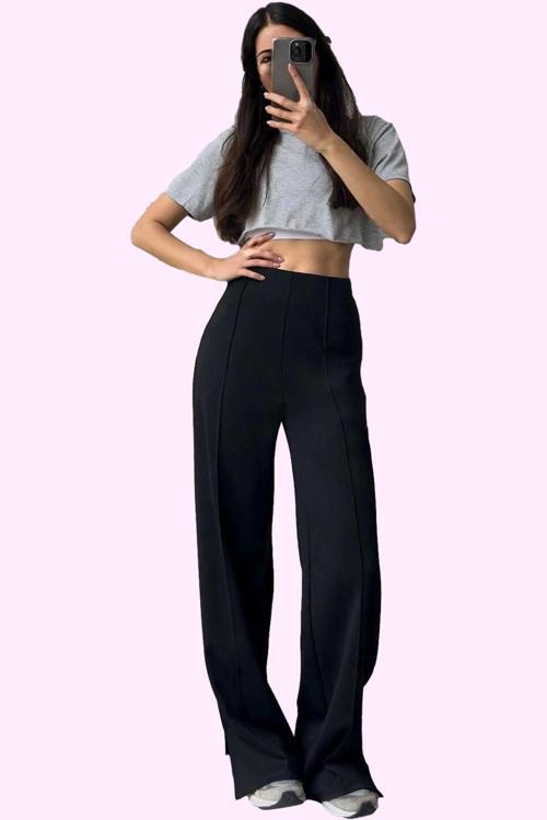 Kadın Yüksek Bel Geniş Paça Pantolon Wide Leg İnterlok Yazlık Günlük Şıklık Modern Tasarım