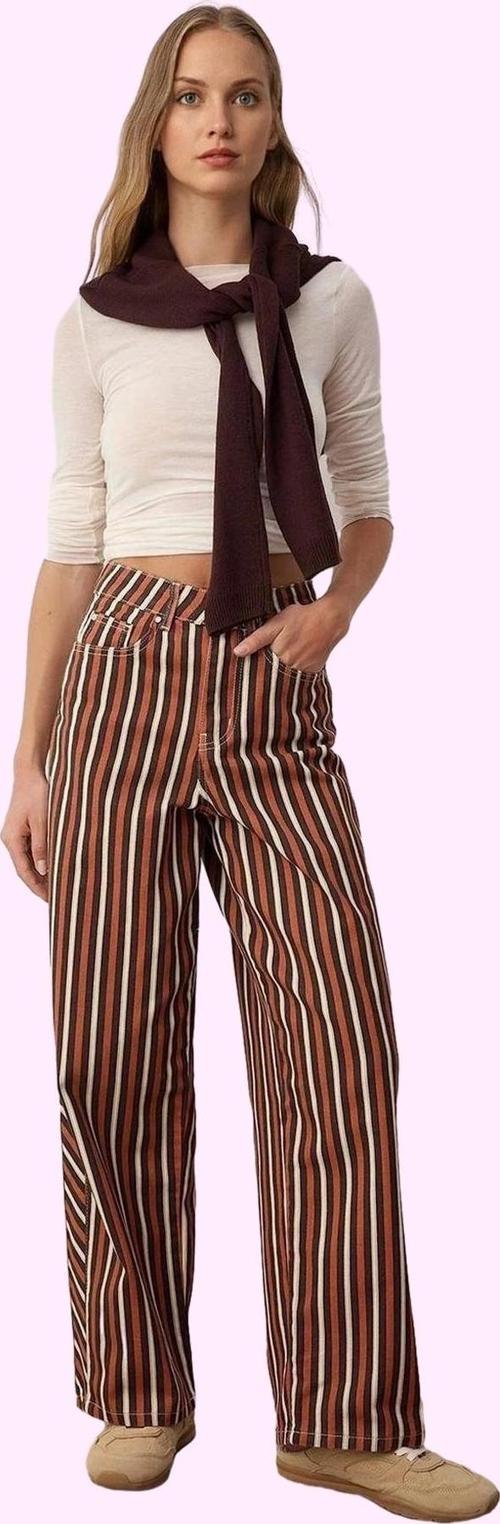 Kadın Pamuk Denim Baggy Jean Pantolon; Normal Bel Çizgili Geniş Paça Rahat Günlük Stil Hafta Sonu