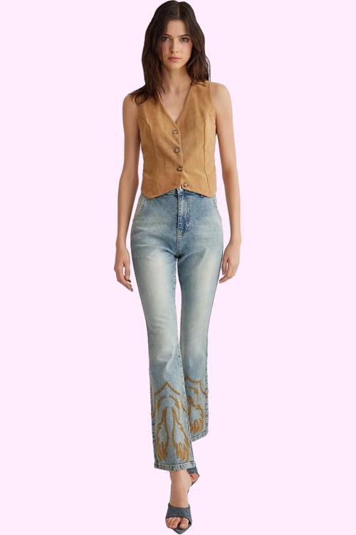 Kadın Pamuk Denim Flare Jean; Yüksek Bel Nakış Detaylı Günlük Kullanım için Modern Tasarım