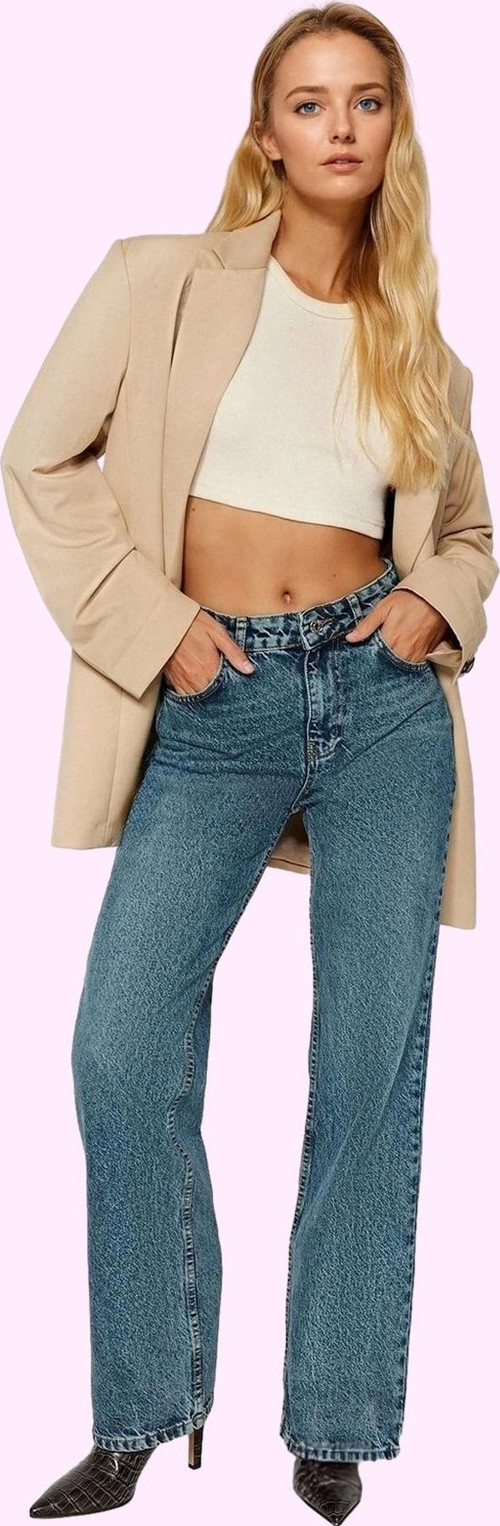 Kadın Denim Pantolon Yüksek Bel Geniş Paça Pamuk Günlük ve Şık Hafta Sonu Kaliteli Malzeme