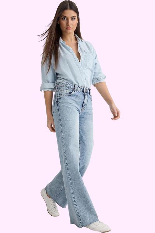 Kadın Pamuk Denim Jean Pantolon; Rahat Geniş Paça Normal Bel Günlük Kullanım Modern Tasarım