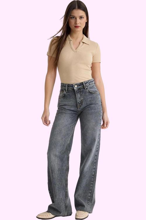 Kadın Pamuk Denim Jean Pantolon; Rahat Geniş Paça Normal Bel Günlük Kullanım Modern Tasarım