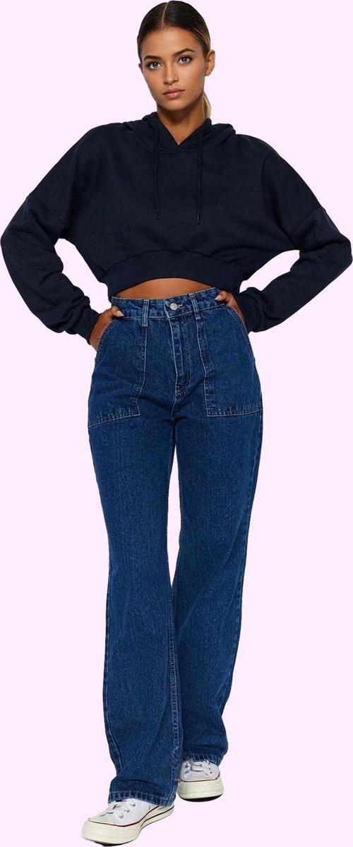 Kadın Pamuk Denim Jean Pantolon Basic Yüksek Bel Geniş Paça Yaz Aylarının Vazgeçilmezi