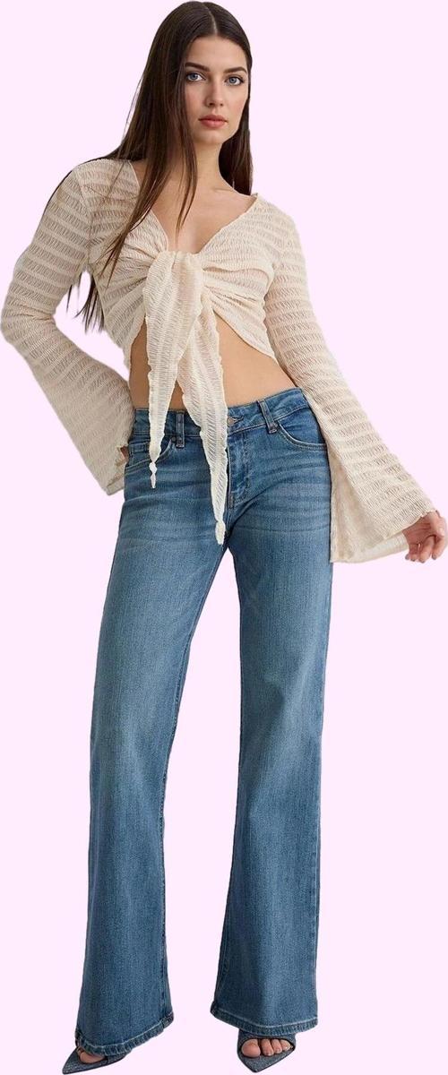 Kadın Denim Flare Jean Düşük Bel İspanyol Paça Rahat Günlük Hafta Sonu Yaz Aylarının Vazgeçilmezi