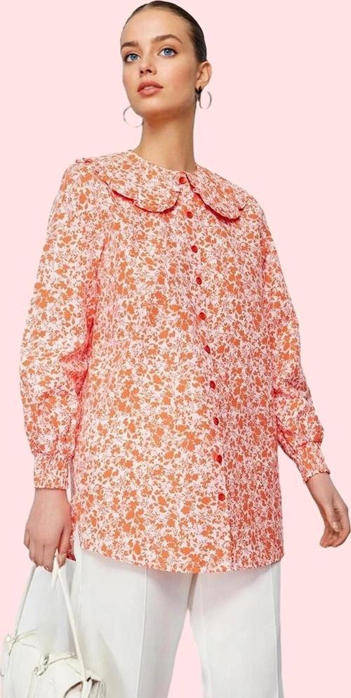 Kadın Çiçek Desenli Dokuma Gömlek Bebe Yaka Uzun Kollu Rahat Yazlık Yaz Aylarının Vazgeçilmezi