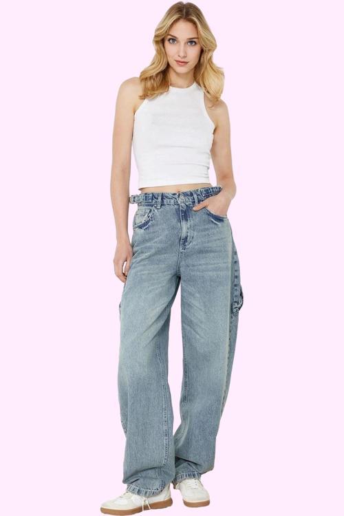 Kadın Pamuk Denim Carpenter Jean Pantolon Yüksek Bel Günlük Stil Yaz Aylarının Vazgeçilmezi