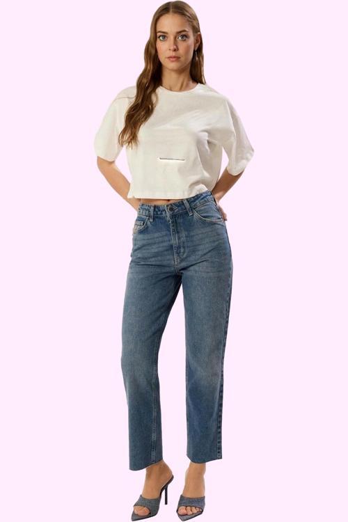 Kadın Pamuk Denim Straight Jean Pantolon Yüksek Bel Günlük Casual Yaz Aylarının Vazgeçilmezi