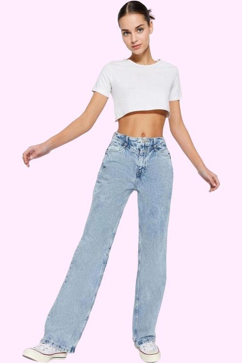 Kadın Pamuk Denim Jean Yüksek Bel Geniş Paça Günlük ve Şık Stil Yaz Aylarının Vazgeçilmezi